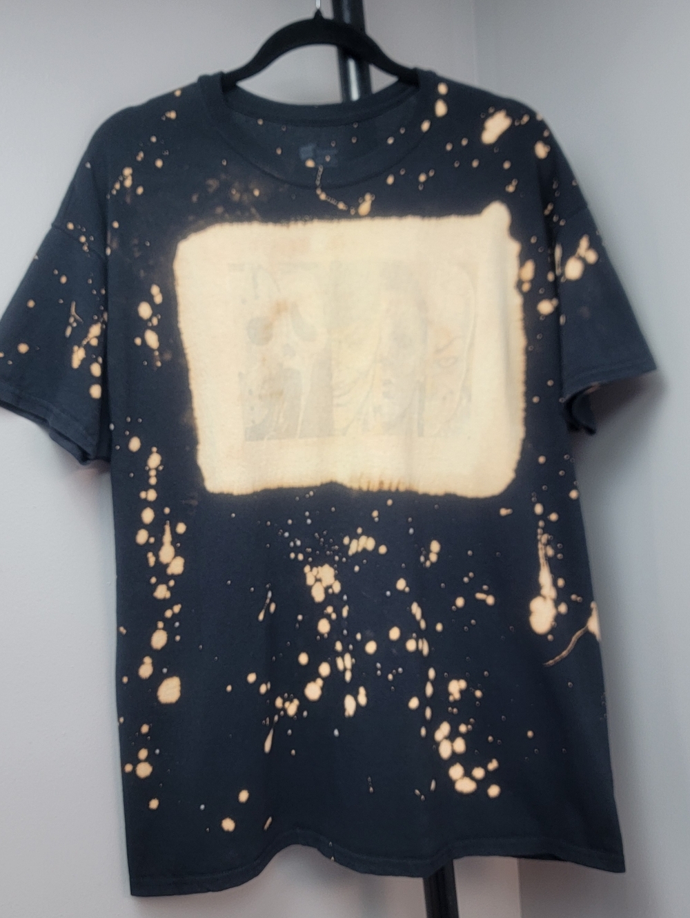 Black Bleach-Splatter Graphic Short Sleeve Tee Faded Scary Movie Personage Faces